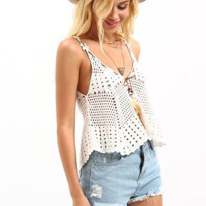 NWOT SHEIN Double V-Neck Hollow Out Crochet Tank Top - White OS